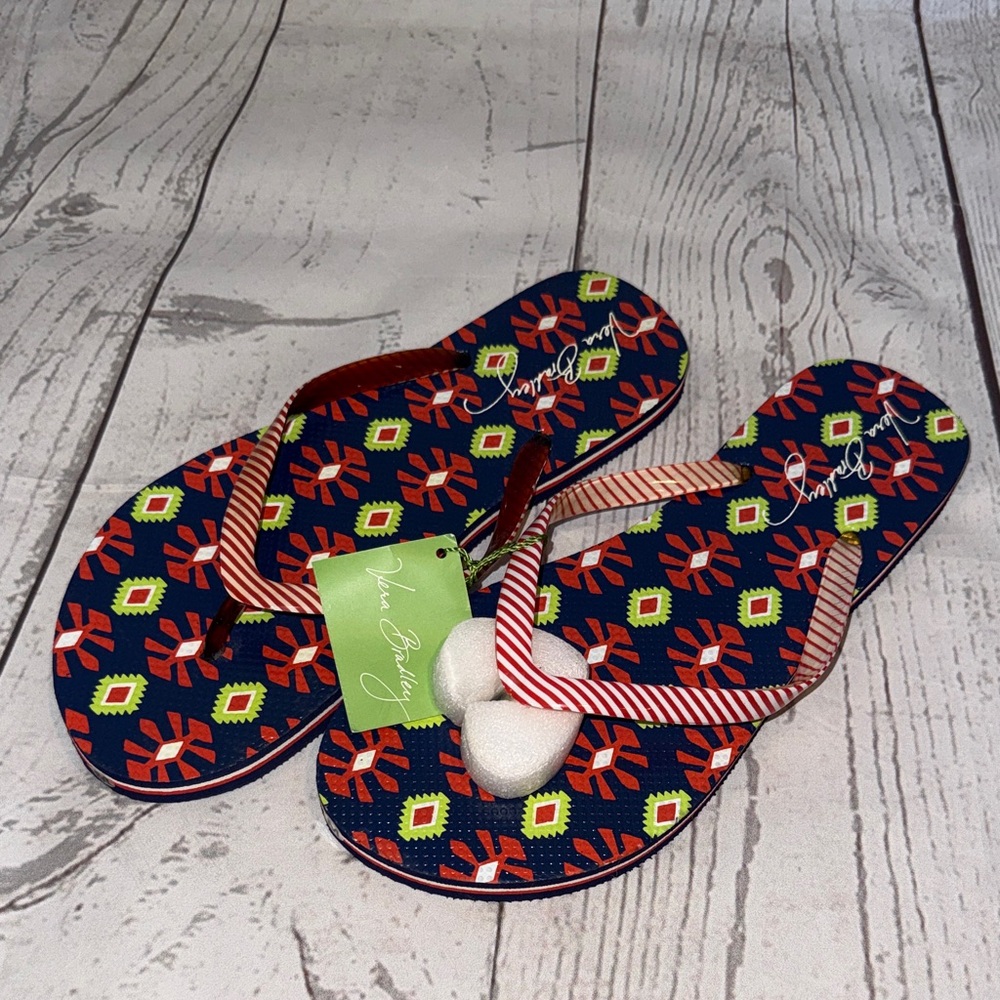Vera Bradley Navy Flip Flops with Red Straps and Geometric Print